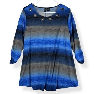 New Directions Tunic Top Womens L Large Blue Gray 3/4 Ruched Sleeve Grommet